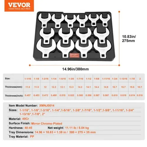 VEVOR Crowfoot-Schlüsselsatz, 1/2-Zoll-Antrieb, 14-teilig, SAE (1-1/16 Zoll – 2 Zoll), Crowfoot-Schlüsselsatz mit Ablagefach, 40CR-Material mit Lasergravierter Größenangabe, für Mechanische Wartung – Bild 6