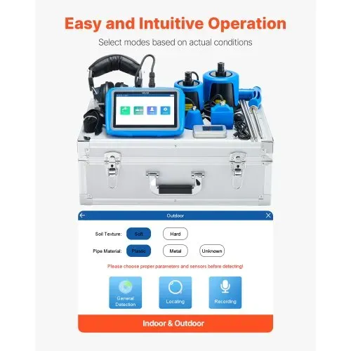 VEVOR Rohr-Wasserleckdetektor mit 4 Sensoren, 1 Hz–10000 Hz, 7-Zoll-Touchscreen, Ortungsgerät für unterirdische Rohrleitungen mit 3 Abhörstäben, Kopfhörer, 8-GB-Karte & Tragetasche – Bild 4
