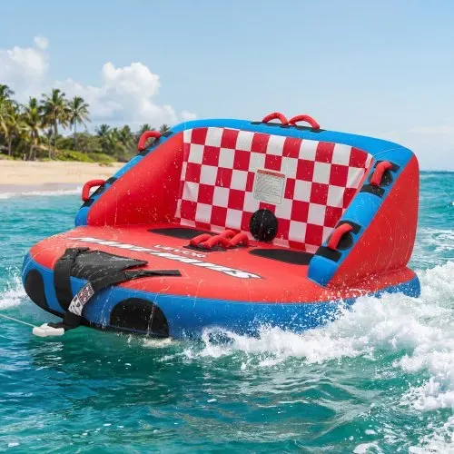 VEVOR Towable Tube für Boote, Wassersport-Schleppreifen für 2 Personen, bis 154 kg Tragfähigkeit, mit 2 Zugpunkten, Nylonhülle, Gepolsterten Griffen und Sicherheitsventil, für Seen, Flüsse, Rot – Bild 7