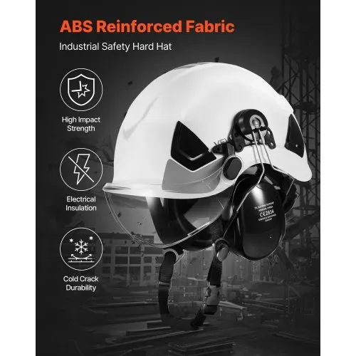 VEVOR Schutzhelm ANSI/ISEA Z89.1-zugelassener ABS-Sicherheitshelm mit Visier & Ohrenschützern, verstellbarer Industriehelm belüfteter Bauhelm Arbeitshelm für Industriebau Arbeitskleidung Weiß – Bild 2
