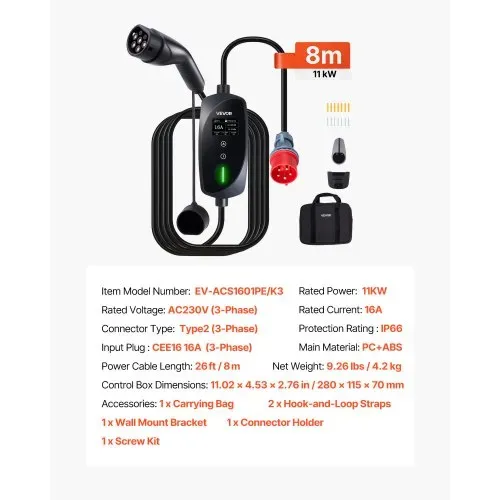 VEVOR Mobile Wallbox, 11 kW 16 A, Typ 2 Ladestation, Tragbares 3-Phasen-Ladegerät mit 8 m Ladekabel, CEE16-Stecker, LCD-Bildschirm, IP66-Steuereinheit, Stromversorgung für Elektrofahrzeuge – Bild 6