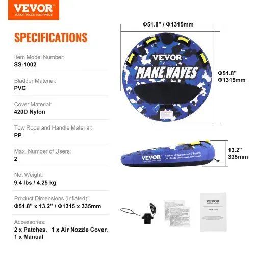 VEVOR Schleppschlauch zum Bootfahren, Aufblasbare Bootsschläuche und Schleppboote für 1–2 Personen, 340 lbs, 51,8 Zoll runder Wassersport-Schleppschlauch zum Ziehen von Booten, Vollnylon-Überzug – Bild 6