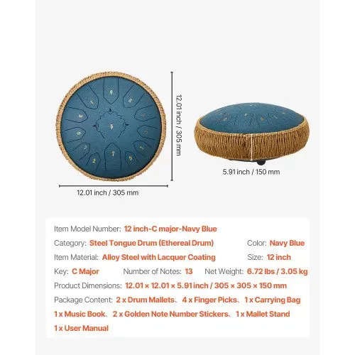 VEVOR Zungentrommel, Ø305 mm, 13 Töne, Regentrommel, C-Dur, mit Notenbuch & Schlägeln, Perkussionsinstrument für Meditation, Yoga & musikalische Anfängerausbildung, Steel Tongue Drum Marineblau – Bild 6