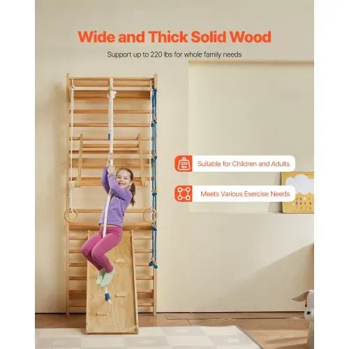 VEVOR schwedisches Leiterwand, 8 in 1 15-stufiges Indoor-Klettergerüst, 100 kg belastbares Wand-Stangen-Kletterspielset mit Wandleiter Rutschbrett Klimmzugstange Turnringen Schaukelsitz Strickleiter – Bild 2