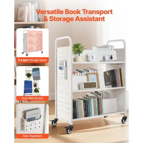 VEVOR Bücherwagen, 150kg Tragkraft, Bibliothekswagen, 97×51,5×122,5cm, Doppelseitiges W-förmiges Bücherregal mit Doppelbremsrollen, Bücherregalwagen für Wohnzimmer, Büro, Schule, Weiß VEVOR Bücherwagen, 150kg Tragkraft, Bibliothekswagen, 97×51,5×122,5cm, Doppelseitiges W-förmiges Bücherregal mit Doppelbremsrollen, Bücherregalwagen für Wohnzimmer, Büro, Schule, Weiß