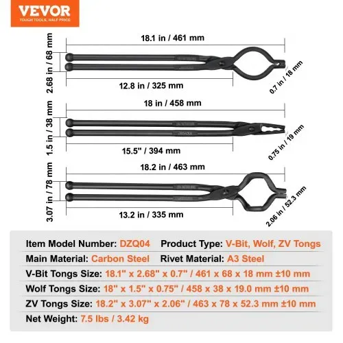 VEVOR Schmiedezange-Set, V-Bit, Wolf, ZV-Zange 3 Stk. Kohlenstoffstahl Schmiedezange, 461 x 68 x 18 mm / 458 x 38 x 19 mm / 463 x 78 x 52,3 mm, Schmiedezange mit Verlängertem Griff – Bild 6