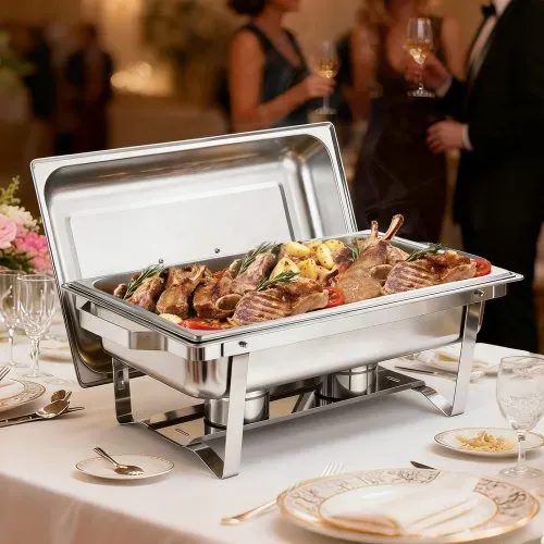 VEVOR rechteckiger Chafing Dish Set 8,5 L Speisenwärmer (4 Stk.) Buffet Warmhaltebehälter mit Griff & 2 Lebensmittelzangen & Deckel & Brennstoffhalter, geeignet für Bankett Party Hochzeit Silber – Bild 7