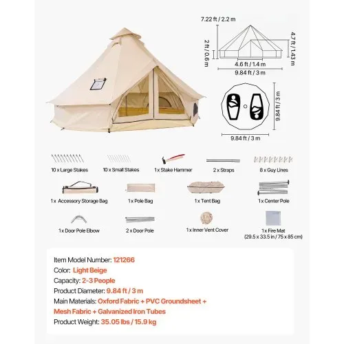 VEVOR Oxford Glockenzelt, 3 m Jurte, 4 Jahreszeiten, mit Ofenrohrdurchführung, bis zu 3 Personen, mit Abnehmbarem Boden (Reißverschluss), ideal für Familien-Camping, & Outdoor-Aktivitäten, Beige – Bild 6