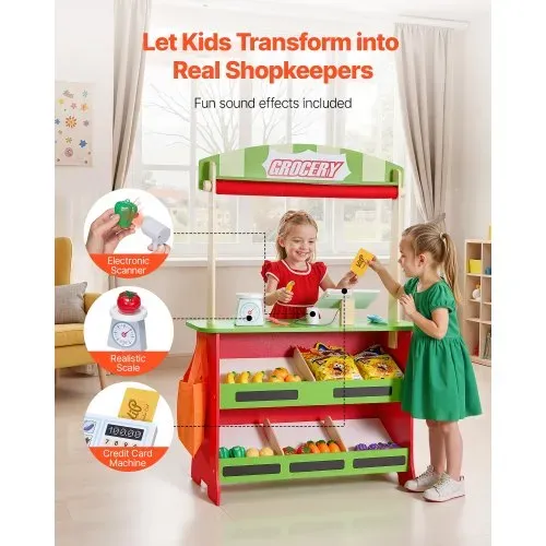 VEVOR 2-in-1 Spielset Puppentheater aus Holz mit Vorhängen, Kaufmannsladen, doppelseitiges Holzspiel mit Tafel und Registrierkasse, Marktstand zum Rollenspiel für Kinder ab 3 Jahren – Bild 2