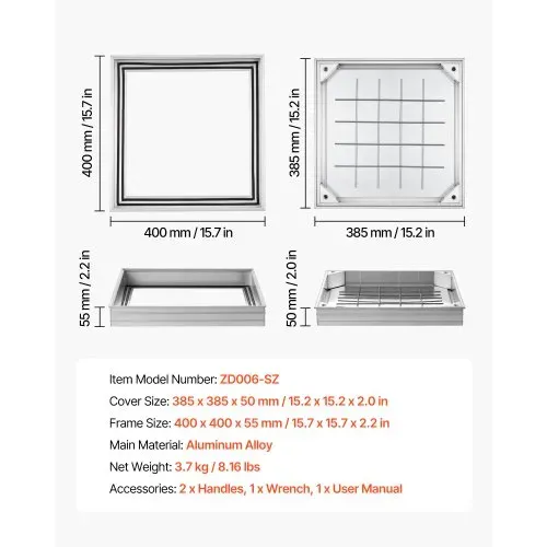 VEVOR Schachtabdeckung mit Rahmen 40 x 40 cm, Unsichtbarer Schachtdeckel Auspflasterbarer Klärgrubendeckel aus Aluminiumlegierung für Integrierten Abflusskanal auf Gehwegen in Gärten auf Terrasse – Bild 2