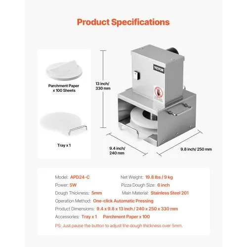 VEVOR elektrische Pizzateigpresse mit 15,24 cm Gebäck-Pressplatte, Brotpresse aus Edelstahl, kommerzielle Formmaschine mit einstellbarer Dicke & 100 Stk. Pergamentpapier, Pizza-Teigrolle – Bild 6