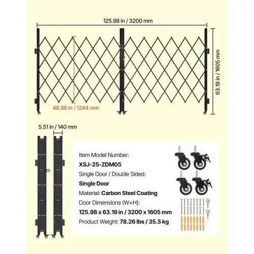 VEVOR Sicherheitstor abschließbar, doppelt klappbares Scherentor mit 360°-Lenkrollen, einziehbare Stahltore Outdoor, für Eingangssicherheit Garage Lager, Falttor 3200 x 1605 mm (B x H) Schwarz – Bild 6