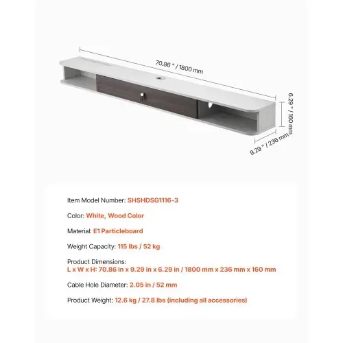 VEVOR TV Schrank hängend Wandhalterung, Fernsehschrank mit Kabelloch, schwebendes TV-Regal mit Stauraum für DVD-Player Kabelbox Spielekonsole, Hängeschrank 52 kg belastbar Weiß 180 cm Länge – Bild 6