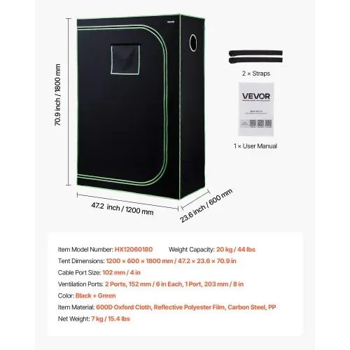 VEVOR Growzelt, 120x60x180 cm, Growbox 600D hochreflektierendes Mylar, Indoor-Pflanzenzelt mit Beobachtungsfenster, Bodenwanne & Reißverschluss, Gewächshaus Zuchtzelte für Obst, Blumen & Gemüse – Bild 6
