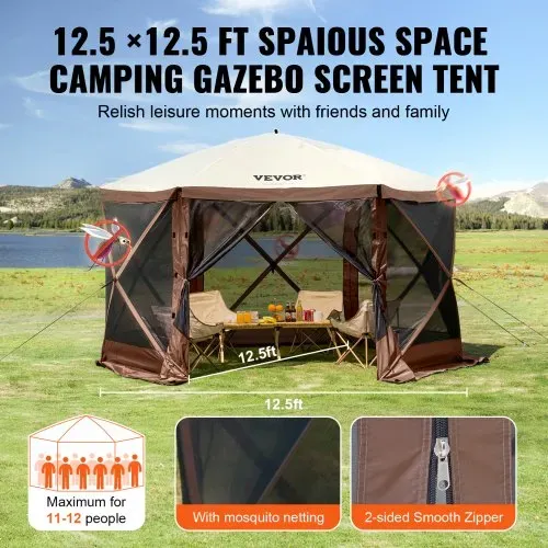 VEVOR Pop-Up-Pavillonzelt, Pop-Up-Zelt mit 6-seitigem Baldachin, Sonnenschutz mit 6 abnehmbaren Sichtschutz-Windtüchern und Netzfenstern, 12,5 x 12,5 Fuß, Schnellaufbau-Zelt mit Moskitonetz, braun – Bild 5