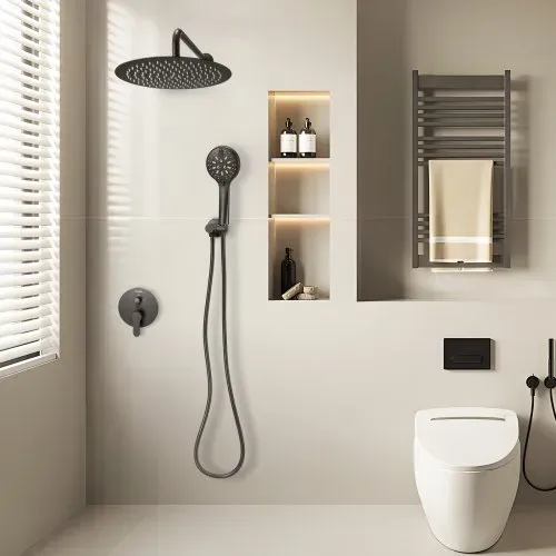 VEVOR Duscharmatur Regenduschsystem fürs Badezimmer Duschsystem mit 305 mm runden Regenduschkopf & Handbrause, wandmontierte Badezimmerarmaturen mit Messingventil & Zierset, Mattschwarz – Bild 7