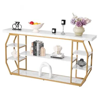 VEVOR Konsolentisch aus Marmor, moderner 3-stufiger Flurtisch (180 x 35 x 91 cm) für offene Aufbewahrung, goldener geometrischer Tisch mit Eisenrohren, Kippschutz und dreieckiger Unterstützung VEVOR Konsolentisch aus Marmor, moderner 3-stufiger Flurtisch (180 x 35 x 91 cm) für offene Aufbewahrung, goldener geometrischer Tisch mit Eisenrohren, Kippschutz und dreieckiger Unterstützung