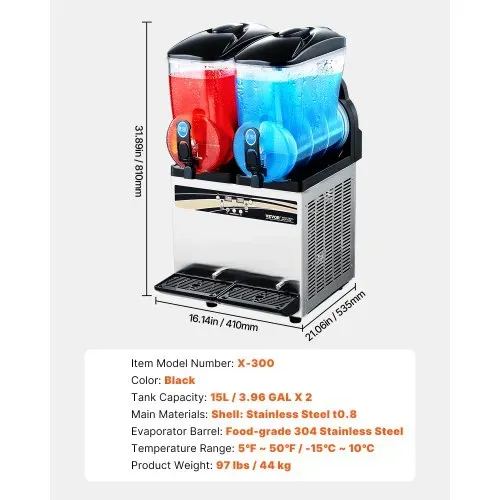VEVOR kommerzieller Frozen Drink Maker, 15 L x 2 Slush-Maschine mit zwei Tanks, 120 Tassen Margarita-Smoothie-Maschine aus Edelstahl, Slush-Maker für Zuhause Partys Restaurants Cafés Bars – Bild 6