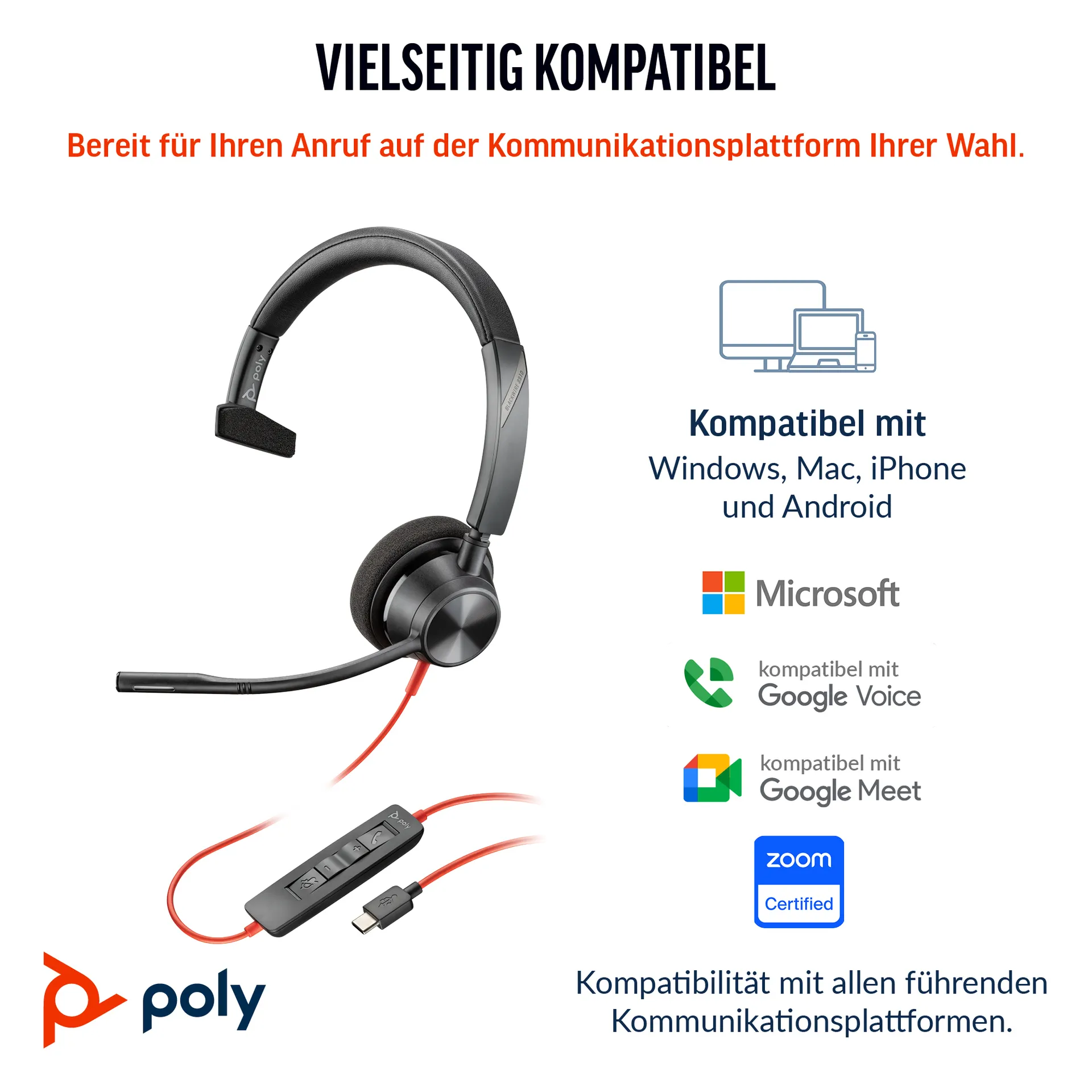 HP Poly Blackwire 3310 Monaurales USB-C-Headset + USB-C/A-Adapter – Bild 3