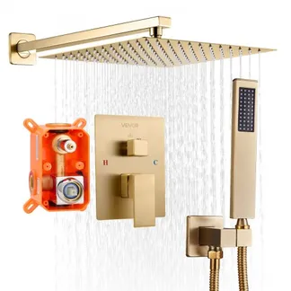 VEVOR Duscharmatur Regenduschsystem fürs Badezimmer Duschsystem mit 254 mm quadratischen Regenduschkopf & Handbrause, wandmontierte Badezimmerarmaturen mit Messingventil & Zierset, gebürstetes Gold VEVOR Duscharmatur Regenduschsystem fürs Badezimmer Duschsystem mit 254 mm quadratischen Regenduschkopf & Handbrause, wandmontierte Badezimmerarmaturen mit Messingventil & Zierset, gebürstetes Gold