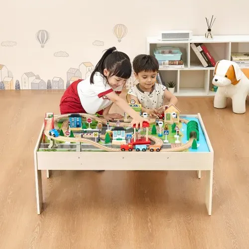 VEVOR Holz Aktivitätstisch, 84-teilig, mit zusammenklappbarem Aufbewahrungsbehälter, 3-in-1-Eisenbahnset zum Spielen, Malen, Lesen, Essen, kreatives Spielzeugset für Kinder ab 3 Jahren – Bild 7