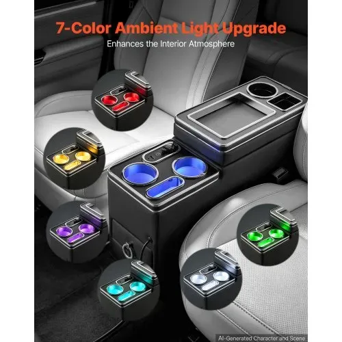 VEVOR Mittelkonsole 15 W 7-Farben LED Auto-Organizer zwischen den Sitzen für Smartphones und Elektronikgeräte, 5 V/3 A QC, 5 V/3 A PD-Typ-C, 12-24-V-Buchse, 3 Getränkehalter, Staufach und Schublade – Bild 4