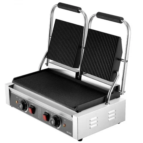 VEVOR kommerzieller Kontaktgrill 3600 W Elektrogrill Sandwichmaker (Doppelbackplatten) Panini Presse aus Edelstahl mit Temperaturregelung, 48 x 23 cm gerillte Emailleplatte für Hamburger Steak Speck – Bild 10