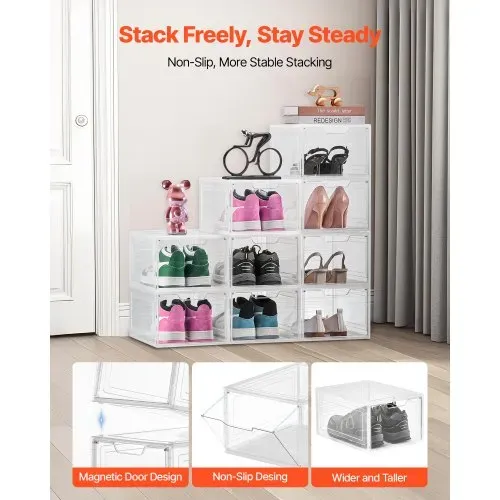 VEVOR Schuhaufbewahrungsboxen stapelbare Schuhboxen (9 Stk.) passend bis US-Größe 13, Schuh-Organizer mit magnetischer Tür zur Aufbewahrung von High Heels & Stiefeln & Hüten, transparent + Weiß – Bild 2