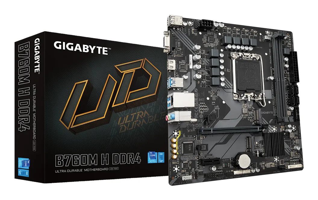 GIGABYTE B760M H DDR4 Motherboard – Unterstützt Intel Core 14. Generation CPUs, 6+1+1 Phasen Digital VRM, bis zu 3200MHz DDR4 (OC), 2xPCIe 4.0 M.2, GbE LAN, USB 3.2 Gen1 GIGABYTE B760M H DDR4 Motherboard – Unterstützt Intel Core 14. Generation CPUs, 6+1+1 Phasen Digital VRM, bis zu 3200MHz DDR4 (OC), 2xPCIe 4.0 M.2, GbE LAN, USB 3.2 Gen1