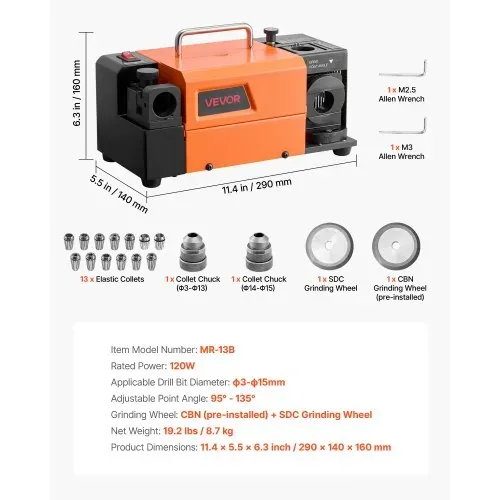 VEVOR Bohrerschleifgerät MR-13B, 3-15 mm, mit einstellbarem Lippenfreiwinkel & 95°-135° Spitzenwinkel, 4600 U/min 120-W-Schärfgerät mit 13 Spannzangen, CBN- & SDC-Schleifscheiben – Bild 6