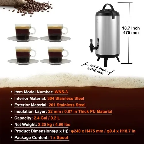 VEVOR Heiß- und Kaltgetränkespender Getränkespender 9,2 L, Edelstahl Heiß- und Kaltwasserbrunnen Großer Getränkespender mit Zapfen & Tragegriff für Kaffee, Wasser, Saft, Isolierkanne für Cafés, Bars – Bild 6
