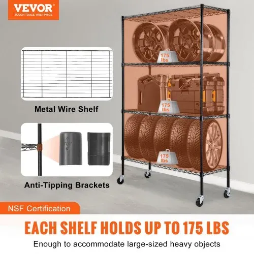 VEVOR Lagerregal mit Rädern, 4-stufig verstellbar, 700 lbs Kapazität, robuste Garagenregale, Metall-Organizer, Drahtregal, schwarz, 120 x 45 x 188 cm für Küche, Speisekammer, Keller, Badezimme VEVOR Lagerregal mit Rädern, 4-stufig verstellbar, 700 lbs Kapazität, robuste Garagenregale, Metall-Organizer, Drahtregal, schwarz, 120 x 45 x 188 cm für Küche, Speisekammer, Keller, Badezimme