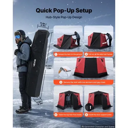 VEVOR Eisangelzelt Eisfischerzelt 6-8 Personen 3,3x3,3x2 m Zelt Isoliert, Eisschutzzelt für Winterfischen, 6,75 m² Fläche, 600D 4-Lagiges Gewebe, Hub-Style-Zelt mit Ankern, Seilen, Tragetasche, Rot – Bild 4