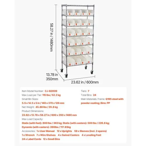 VEVOR Standregal, Lagerregal mit 7 Ebenen & 24 kleinen Stapelboxen, Bücherregal, Küchenregal mit Rollen, Werkzeugorganizer für Garage, Büro, Restaurant, Klassenzimmer, Küche, 600x350x1480mm – Bild 6