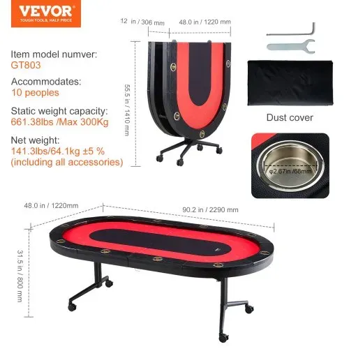 VEVOR Casino Pokertisch Klappbare Tischbeine 2290 x 1220 x 800 mm (L x B x H), Faltbarer Pokertisch, Schwarz & Rot Pokerauflage Klapptisch für 10 Spieler, Pokertisch mit Staubschutzhülle Tragbar – Bild 6
