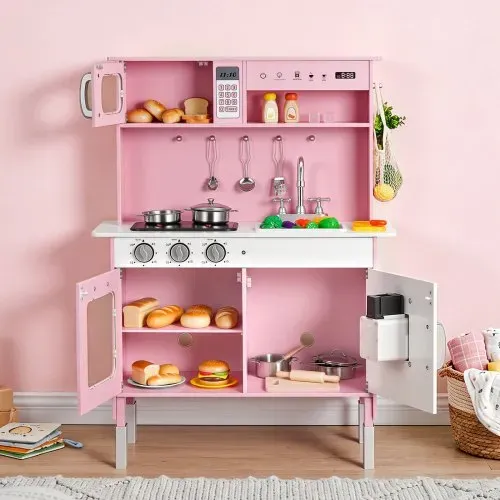 VEVOR Spielküche für Kinder, Kinderküche aus Holz mit Licht & Sound, Holzküche mit Herd Backofen Spüle Mikrowelle Eisspender & Getränkespender, Küchenspielzeug mit Kochset für Kinder ab 3 Jahren, Rosa – Bild 7
