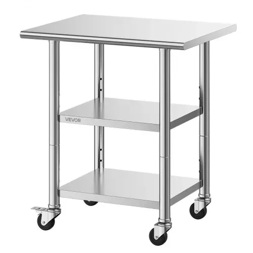 VEVOR Gasto Arbeitstisch 762 x 610 x 864 mm, Edelstahltisch mit 3 Ebenen & Rollen & Höhenverstellbaren Ablagen Belastbarkeit Top 227 kg & 2 Unterablagen je 191 kg Vorbereitungstisch für Restaurant – Bild 9