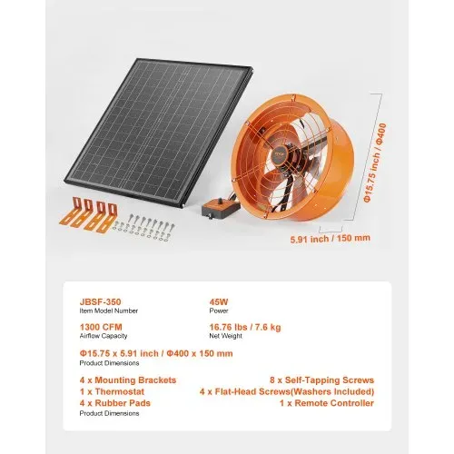 VEVOR Solar Ventilator, 400 x 150 mm, Solar Powered Fan, Dachbodenabluftventilator mit einstellbarem Thermostat, Außengitter, 1300 CFM Luftstromkapazität, für Giebel, Dach, Garage, Werkstatt – Bild 6