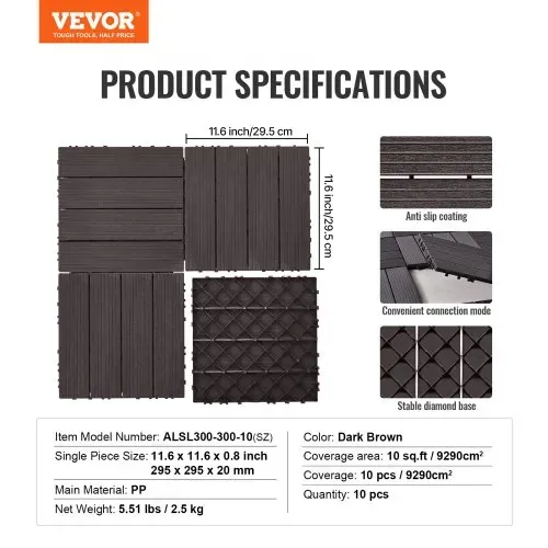 VEVOR Terrassenfliesen, 10er-Set, Balkonfliesen 30x30cm, Klickfliesen, wasserdichter Kunststoff-Bodenbelag für den Außenbereich, Terrassenbodenbelag für Veranda, Pool, Balkon, Hinterhof, Dunkelbraun – Bild 6