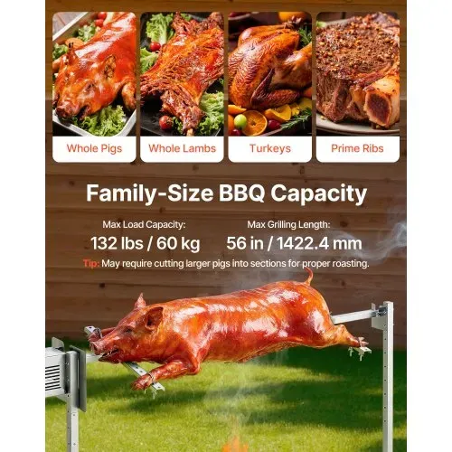 VEVOR Spanferkelgrill Lammgrill Spießbratengrill 1422,4 mm Rotisserie-Grill AC 220-240 V, 8-stufiges elektrisches Rotisserie-Grill-Set mit 60 kg Tragkraft, 38 W Motor Grillset für Partys – Bild 2