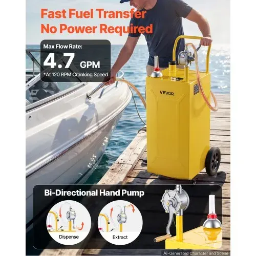 VEVOR 132,5L Kraftstofftrolley Mobile Tankanlage mit Manueller Pumpe Gelb, Tragbarer Kraftstoffbehälter für KFZ Rasenmäher Boot, Mit 4 Rollen & Ölstandsanzeige, Für Benzin & Diesel, Kohlenstoffstahl – Bild 2