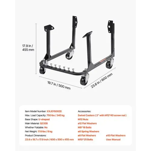 VEVOR U-förmige Motorständer Motorhebewagen (340 kg belastbar), robuster Motorhalter aus Stahl mit 4 Lenkrollen & 4 Hakenpositionen, geeignet für BB-CHEVY- und GEN-1 SB-CHEVY-Motoren – Bild 6