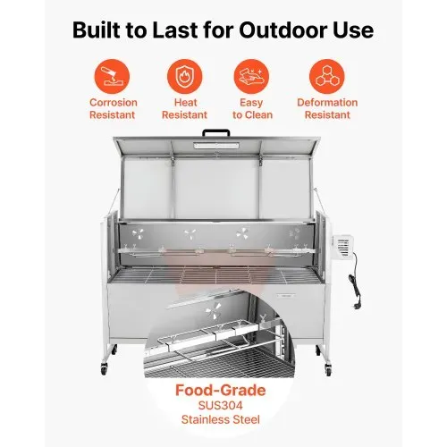 VEVOR Drehspießgrill 38 W Spanferkelgrill Lammgrill Holzkohlegrill (132 cm Grilllänge) mit 60 kg Tragkraft & Rädern & 4-facher Höhenverstellung & Deckel, Edelstahl-Elektrogrill-Set für Camping – Bild 5