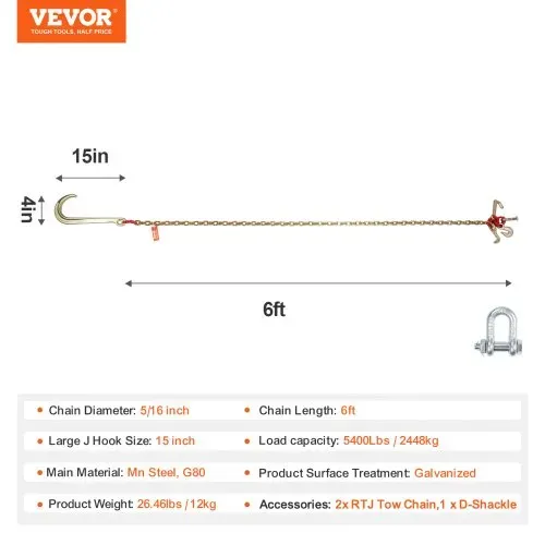 VEVOR J-Haken-Kette, 2 Stück 5/16 Zoll x 6 Fuß G80 15 Zoll langer Schaft J-Haken-Abschleppkette mit RTJ-Clusterhaken und Greifhaken, 5400 lbs Arbeitslast, Hochleistungs-Transport-LKW-Kette zum Abschleppen von Abschleppanhängern – Bild 6