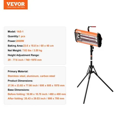 VEVOR Infrarot-Härtungslampe, Hand-/Ständer-Doppelnutzung, 2000 W, 0–90 Min. Zeiteinstellung, Auto-Härtungslampe mit automatischer Heizung und Halterung, 32 m² große Sprüh-/Backkabinenheizungen – Bild 6