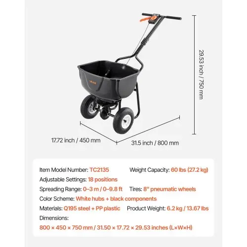 VEVOR Streuwagen, 27 kg Fassungsvermögen, Düngestreuer, Saatgutstreuer 0–3 m Streubreite, Schleuderstreuwagen mit 20 cm Luftreifen, als Aussaathilfe oder Düngerwagen – Bild 6