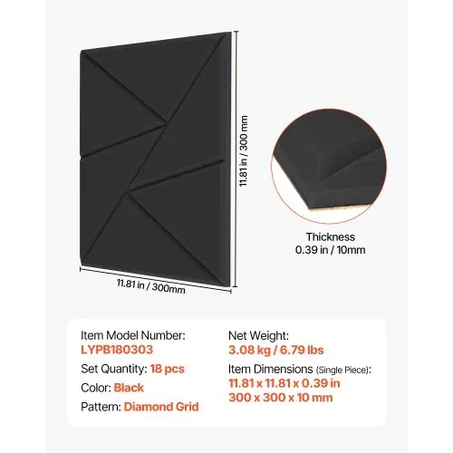 VEVOR 18er-Pack Akustikpaneele mit Selbstklebeband, 300x300x10 mm schalldichte Schaumstoffplatten, Akustik Wandpaneele aus Polyesterfaser, für Zuhause, Studio, Büro, Theater, Schwarz – Bild 6