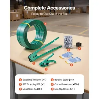 VEVOR 6 tlg Umreifungsset mit Umreifungsband, manuelle Umreifungsgerät mit 457 m PET Band, 450 Metallklammern, 150 Kantenschutzern, pefekte Werkstattausstattung für Verpackung, Transport und Lager VEVOR 6 tlg Umreifungsset mit Umreifungsband, manuelle Umreifungsgerät mit 457 m PET Band, 450 Metallklammern, 150 Kantenschutzern, pefekte Werkstattausstattung für Verpackung, Transport und Lager