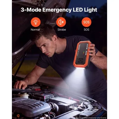 VEVOR Starthilfe Powerbank 3000 A Tragbares Starthilfegerät Starter Booster für 9 L Benzin und 6,5 L Dieselmotoren, 150 psi Reifendruck, LED-Taschenlampe, Automatische Abschaltung und 12 V Ladegerät – Bild 4