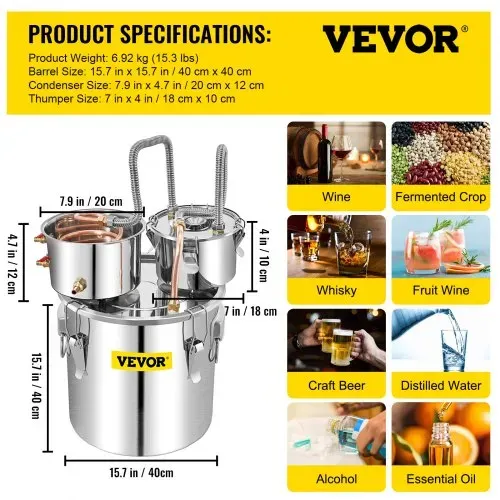 VEVOR Distillieranlage Moonshine, 50 L Wasser Alkohol Destillierer Moonshine mit doppelter Kondensatpumpe, Edelstahl Moonshine Alkohol Destillieren Ausrüstung Schnapsbrennen Destille Destilator – Bild 6